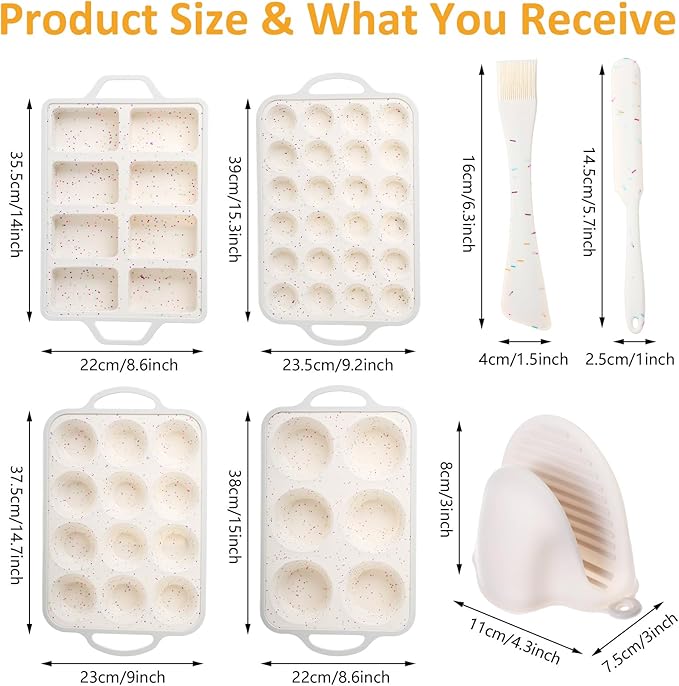 7 Pcs Silicone Baking Pan Set Nonstick Bakeware Set with 4 Molds (Loaf, Muffin, Mini Muffin, Round), Spatula, Dual-head Pastry Brush Oven Mitts for Cupcakes Brownies Bread, Confetti Design