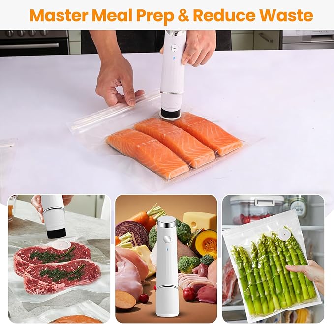 Compact Vacuum Sealer for Food (Portable Vacuum Sealer Machine+10 Reusable Bags) Compact Handheld Food Saver for Meat, Camping & RV Travel,Seal Food 6X Fresh Longer, Portable & Wireless, Easy-Clean
