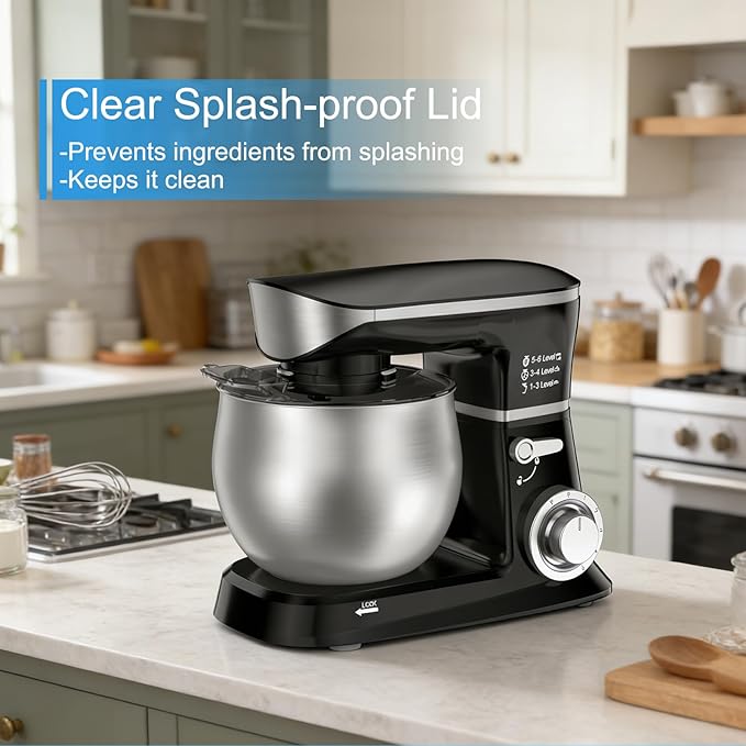Electric Stand Mixer, Kitchen Mixer 6.5-Quart Tilt-Head, 6 Speeds with Dough Hook, Whisk, Beater, and Splash Guard, Stainless Steel Bowl for Baking—Perfect for Baking Bread, Cookies, Cakes