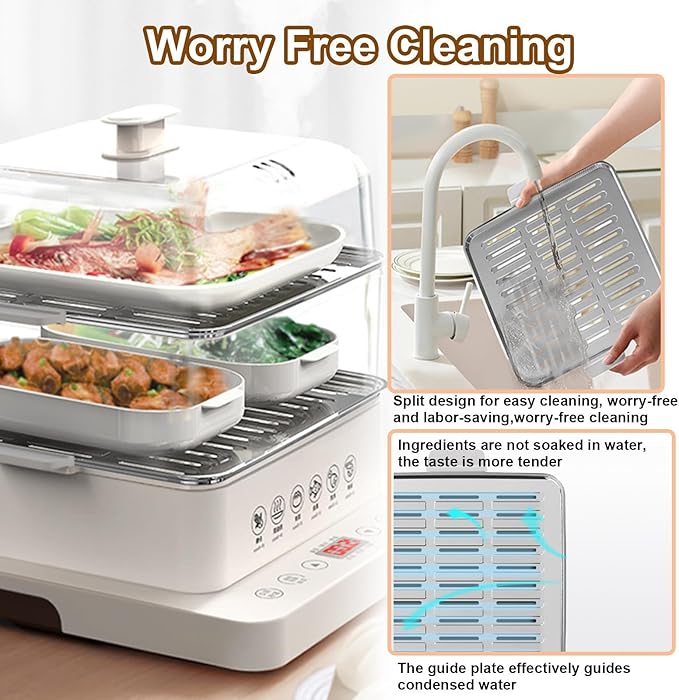 Food Steamer,40l,360° Steam Cycle Electric Steamer,with 3 Stainless Steel Steaming Plates,A Pair of Heat Insulating Gloves,12 Hour Reservation,6 Preset Modes