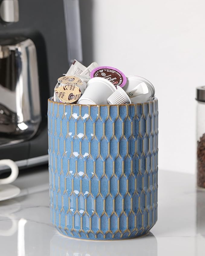 Utensil Holder, 7.5"+5.3" Ceramic Kitchen Utensil Holder for Countertop, Large Cooking Utensil Crock for Kitchen Counter, Set of 2, Blue