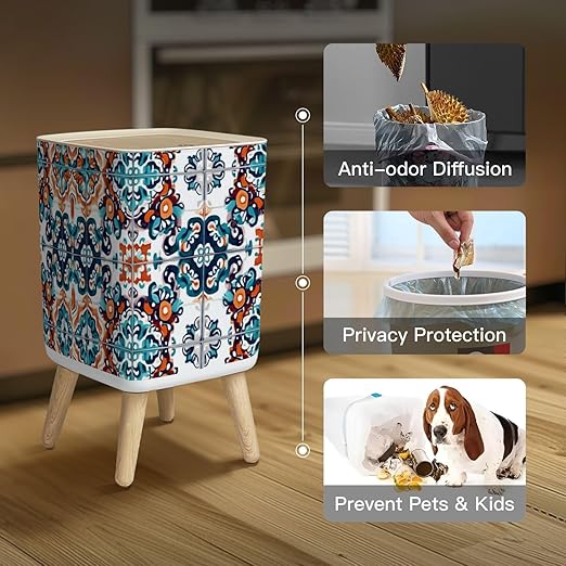 Small Trash Can with Lid Talavera pattern Indian patchwork Azulejos portugal ornament Moroccan Wastebasket with Press Cover Dog Proof Garbage Can Waste Bin for Kitchen Bathroom Nursery 2.6 Gallon