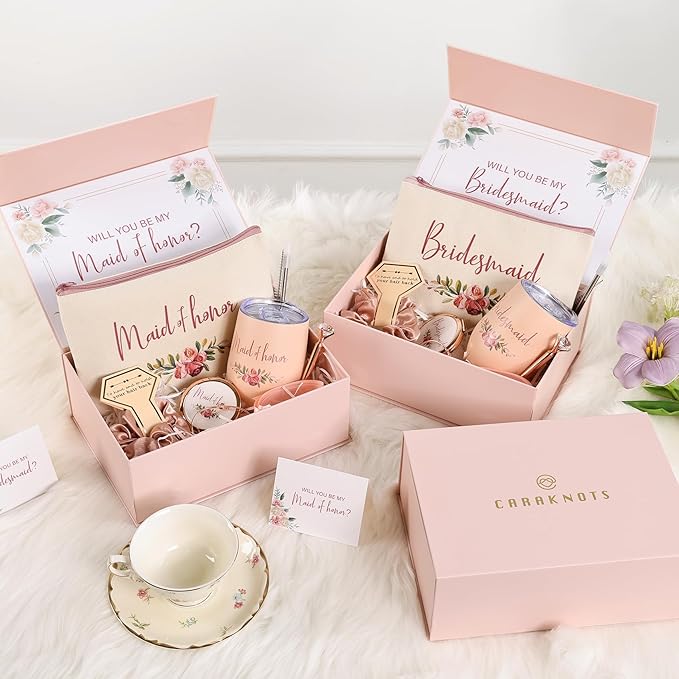 CARAKNOTS Maid of Honor Proposal Gift Box Set, Will You Be My Maid of Honor Gift, Pink Ready to Gift Bridesmaid Box with 12 oz Stainless Steel Tumbler, Bridal Party Bachelorette Wedding Favo