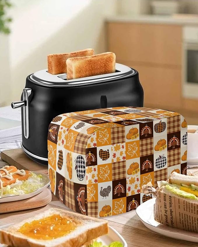 Orange Plaid Fall Toaster Cover 2 Slice, Thanksgiving Pumpkins Turkey Dustproof Bakeware Oven Protector with Top Hook, Maple Leaf Waterproof Small Kitchen Appliance Toasters Dust Cover, 12"x7.5"x8"