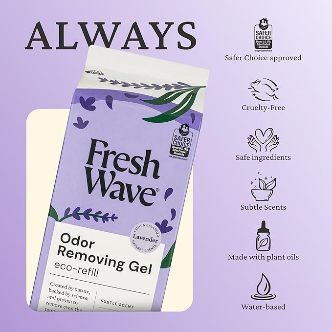 Fresh Wave Odor Removing Gel Eco-Refill, 63 oz. Lavender Scent | 2 Empty Refillable Glass Jars | 2 Room Set
