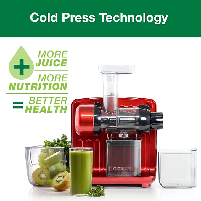 Omega Juicer Cold Press 365 Slow Masticating Vegetable and Fruit Juice Extractor and Nutrition System Makes Nut Milks Baby Food and Sorbets, 80-RPM Slow Juicer with On-Board Storage, 200-Watts, Red
