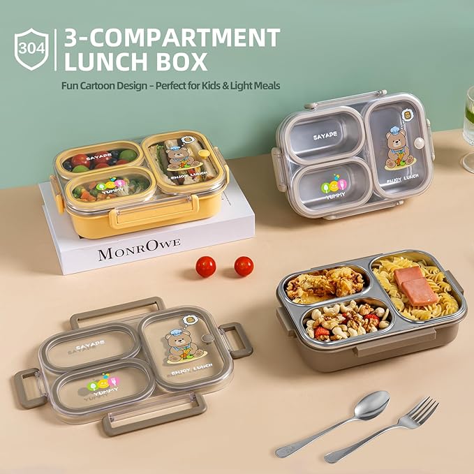 Stainless Steel Bento Lunch Box for Kids, 26.4 oz Leak-Proof 3-Compartment Metal Bento Box, BPA-Free, Cute Cartoon Meal Prep Snack Container with Utensils for School, Office, Travel - Yellow