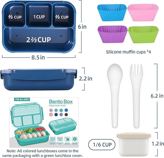 QQKO Bento Box Adult Lunch Box, Lunch Containers for Adults Men Women, Kids Lunch Boxes for School with 4 Compartments, Sauce Container, Utensils and Muffin Cups, Navy