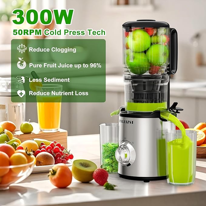 Juicer Machines, Cold Press Juicer with 5.3'' Large Feed Chute, Fit Whole Fruit and Vegetable Slow Juice Extractor Machine, 300W Masticating Juicers Easy To Clean, High Juice Yield, BPA Free
