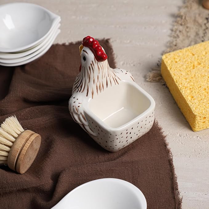 Ceramic Retro White Rooster Shape Sponge Holder for Kitchen Sink, Compact Sink Caddy Organizer, Scouring Pad and Dish Sponge Holder, A