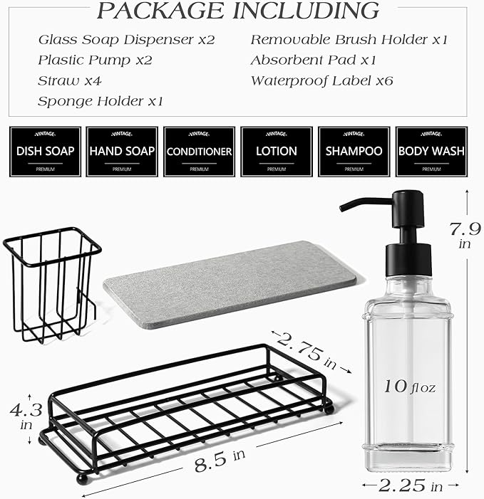 VIMERPA Kitchen Soap Dispenser Set,Kitchen Soap Dispenser with Sponge Holder,Hand and Dish Dispenser Set,Instant Dry Tray, Clear
