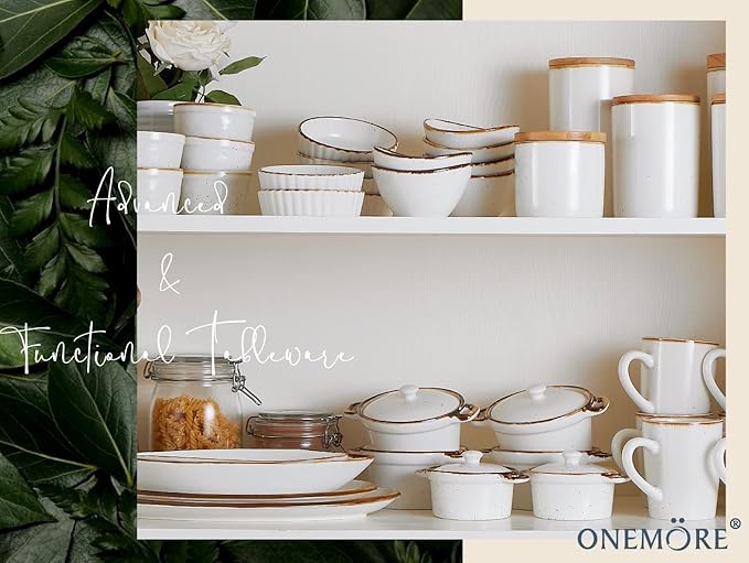 ONEMORE Ramekins with Lids, 6 oz Oven Safe Ceramic Mini Casserole Dish with Lid & Brown Rim for French Onion Soup, Speckled Mini Dutch Oven Cocotte Set of 4 for Individual Serving, Creamy White