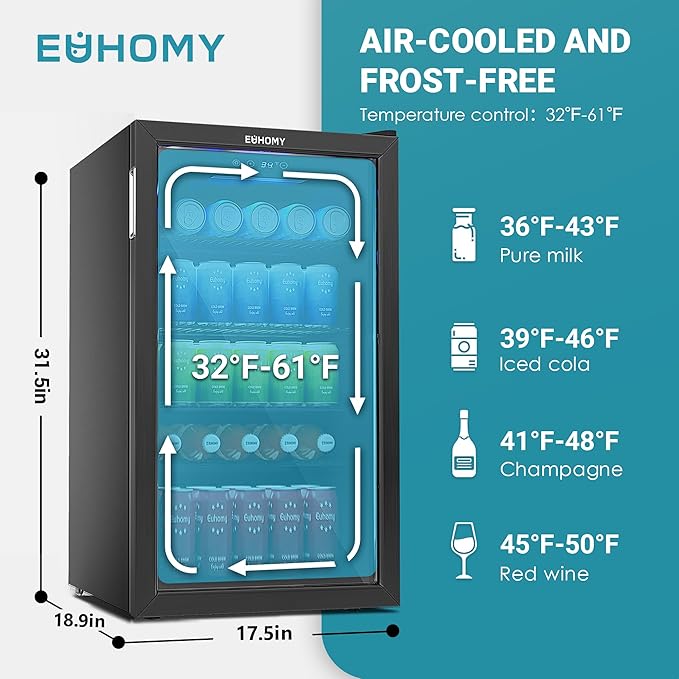 EUHOMY Beverage Refrigerator Cooler, 125 Can Mini Fridge with Glass Door for Soda Beer or Wine, Beverage Cooler for Home, Office, Bar with Adjustable Removable Shelves, Black