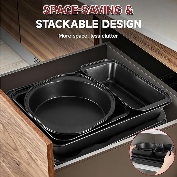 Unokit 8-Piece Nonstick Baking Pans Set - Stainless Steel Bakeware Set Stackable Trays with Cookie Sheets, Cake, Loaf, Round & Square Pan and Cooling Rack, Dishwasher & Oven Safe