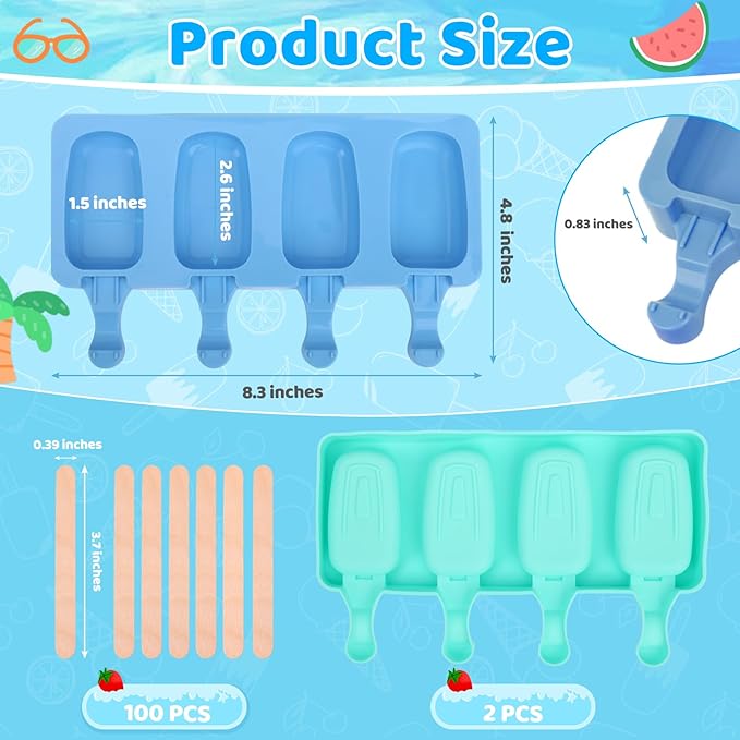 SAYAYA 2 Set Silicone Popsicle Molds with 100 Sticks, Reusable 4 Cavities Homemade Cake Pop & Cakesicle Mold for DIY Ice Cream, Ice Pop, Easy Release & Dishwasher Safe for Kids Family (Blue & Green)