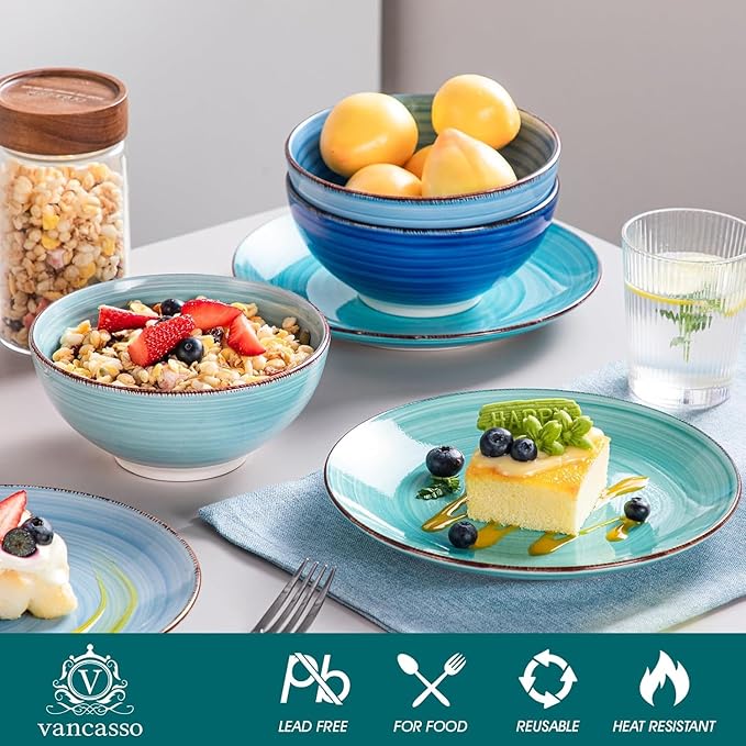 vancasso Bonita Stoneware Dinnerware Sets 24 Pieces Service for 6, Hand-Painted Spiral Dishes Set, Ceramic Kitchen Plates and Bowls Sets-Microwave and Dishwasher Safe (Blue,24 Pcs)