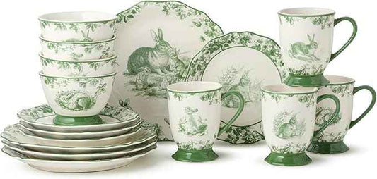 Le Jardin Bunny 16-Piece DINNERWARE SET, SERVICE FOR FOUR – Elegant Stoneware Plates, Bowls & Mugs for Springtime, Easter, Garden Parties & Everyday Charm – Scalloped Floral Toile Design