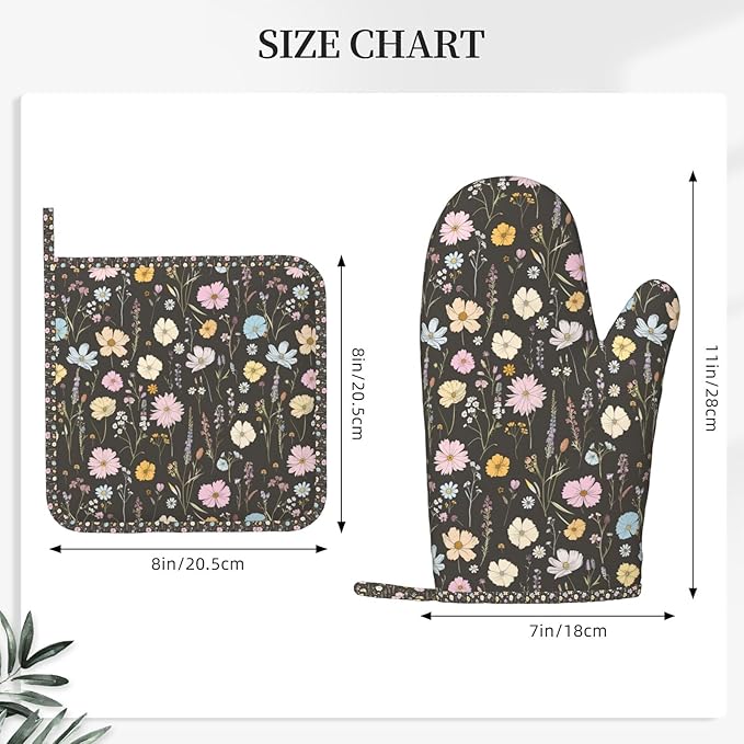 Oven Mitts and Pot Holders Set, Vintage Flower Botanical Leaf Silicone Kitchen Accessories 4 Piece Heat Resistant Long Gloves Potholder Non-Slip Grip for Chef Cooking Baking Grilling BBQ