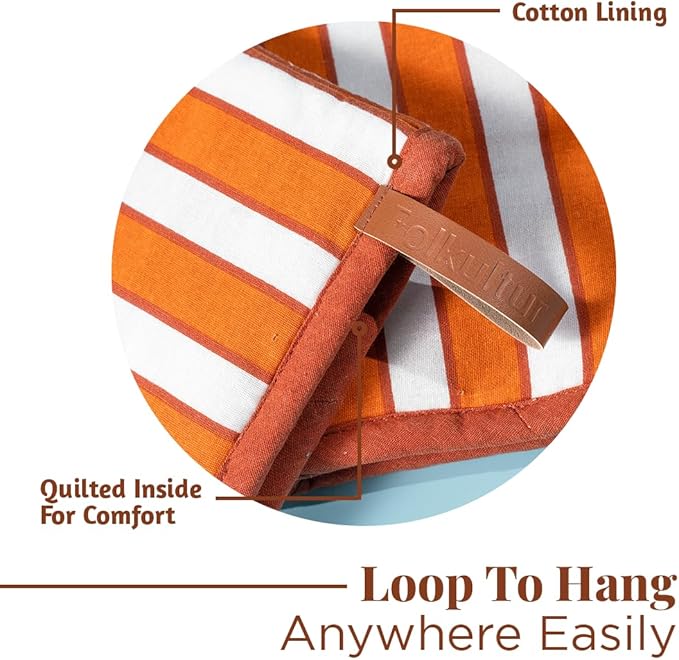 Folkulture Oven Mitts - Set of 2 (5.75"x9") | Oven Mitts with Hanging Loop for Cooking Gifts for Women, Kitchen Decor| 100% Cotton, Silicone Heat Resistant Mini Mitts (Orange)