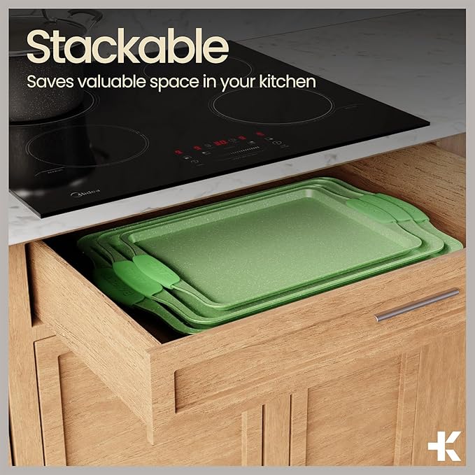 BAKKEN Kitchen Baking Pan Set - Nonstick Green Marble Coating, Carbon Steel Bakeware Sets with Green Silicone Handles, Kitchen Essentials, PFOA, PFOS, PTFE Free, Oven Safe (Up To 450° F), Set of 18