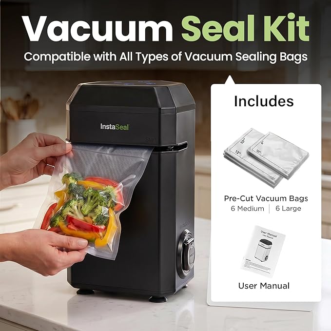 InstaSeal Vacuum Sealer for Food with 12 Bags, Preserves Foods 5x Longer, Space Saving Compact Upright Design Allows Machine to Heat Seal Marinades, Soups, Meats for Sous Vide Cooking