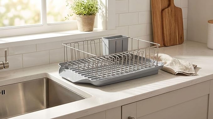 Farberware Classic 3-Piece Dish Drying Rack Set for Kitchen Counter, Gray - Rust-Resistant Wires, Self-Draining Board, Flatware Caddy, Non-Slip Feet