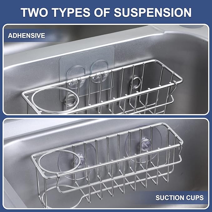 3-In-1 Sponge Holder for Kitchen Sink with Suction Cups & Adhesive Hook , In-sink Sponge Holder, Wall Hanging Sink Caddy Organizer Rack - Sponge, Dish Cloth, Brush, Scrubber - 304 Stainless Steel