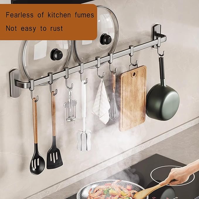 Kitchen Hooks Rail with 8 Adjustable Hooks, Aluminum, 100% Aluminum, Modern, Minimalist, Wall Mount, Kitchen Utensil Rack, Grey, 45cm