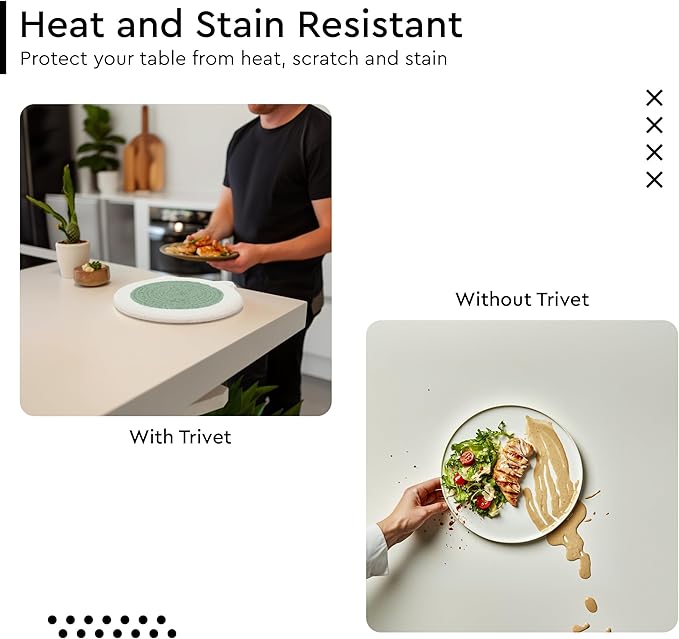 Encasa XO Round Trivet Mats for Hot Dishes with Hanging Loop | Sage Combo - Set of 6 with 7 inch Diameter | Cotton Round Thick Heat Resistant Pot Holders | Use Hot Pads Plate Mats for Hot Pots & Pans