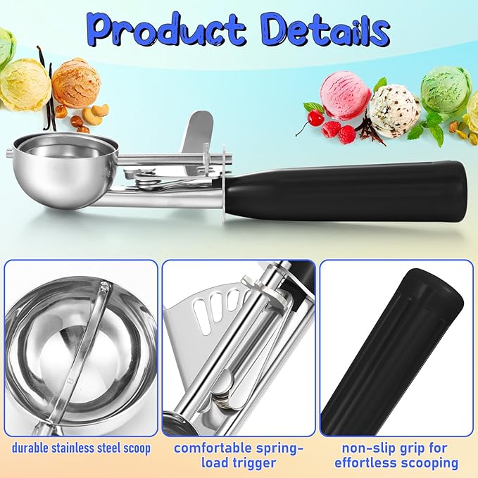 Reallnaive 4 Pcs Release Cookie Scoops Ice Cream Scooper with Trigger Release Portion Scoop Stainless Steel for Portion Control, Baking Food, Cookie Dough (1 oz,Black)