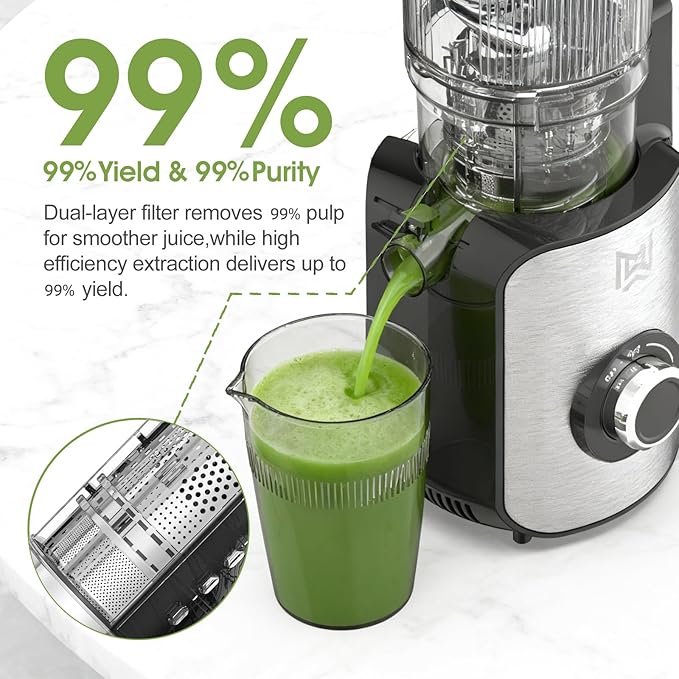 Cold Press Juicer,Stainless Steel Material,Juicer Machines with 5.0Inch Wide Feed Chute,Slow Masticating Juicer for Vegetables and Fruits with High Juice Yield,Large Auger,Easy to Clean