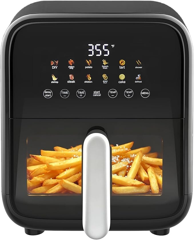 Hexago 12-in-1 Air Fryer, 7.5 QT Air Fryer with Clear Window and Nonstick and Dishwasher-Safe Basket, Square Digital Preset & DIY Function Airfryer, Black
