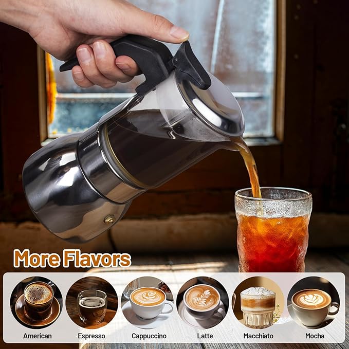 4 Cup Glass Clear Moka Pot Thickened 304 Stainless Steel Stovetop Espresso Maker Italian Coffee Machine 200ml 6.8oz Classic Mocha Cafe Greca Coffee Suitable for Gas Induction
