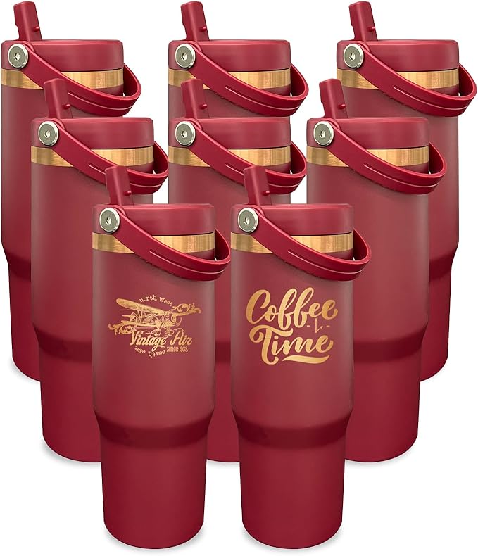 30 oz Tumbler Bulk with Handle and Straw, Vacuum Insulated Tumblers with Flip Straw and Top Handle, Leakproof Powder Coated Tumbler, Stainless Steel Travel Mug for Coffee Water (Red, 8 Pack)
