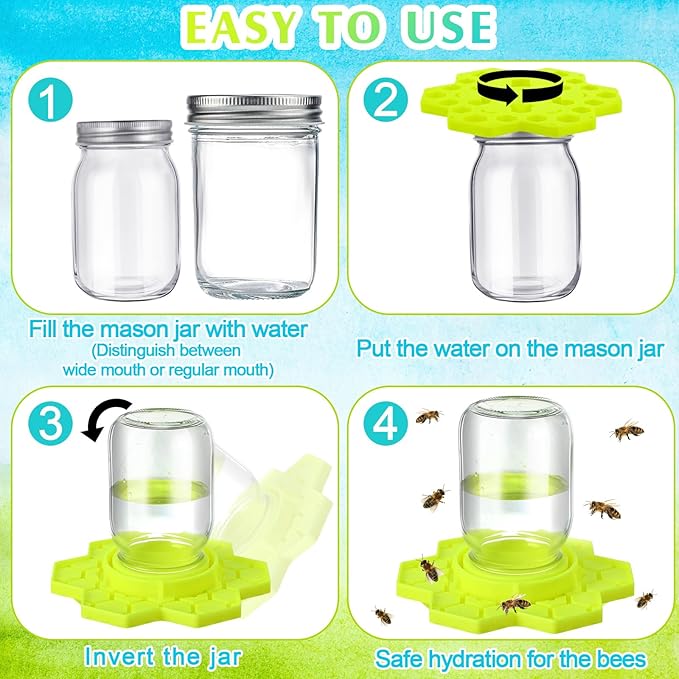 4 Pack Bee Feeder for Mason Jar Bee Watering Station Garden Silicone Sugar Water Feeder Beekeeping Drinking Equipment Tools with Mason Jars for Drinking Water(Yellow,Flower)
