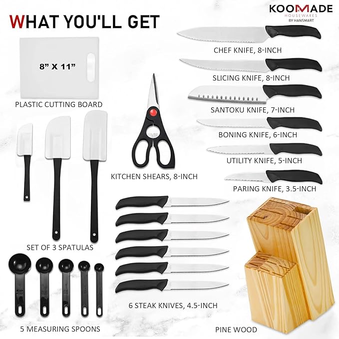 Knife Set With Block, Cutlery Essentials 23 Pieces Kitchen Stainless Steel Knife Block Sets With Cutting Board，Shears，Paring，Utility，Santoku，Steak Knives，Dishwasher Safe Cutlery Block Set