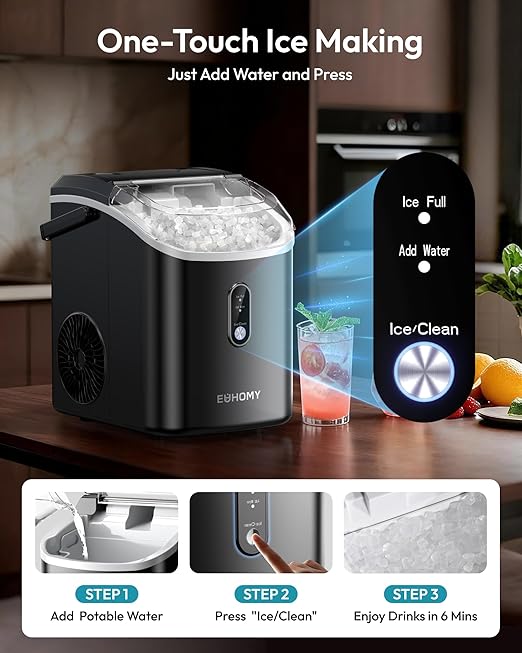 EUHOMY Nugget Ice Maker Countertop with Handle, Ready in 6 Mins, 38lbs/Day, Removable Top Cover, Self-Cleaning, Portable Chewable Ice Maker with Basket, Scoop, for Home/RV/Party/Camping (Black)