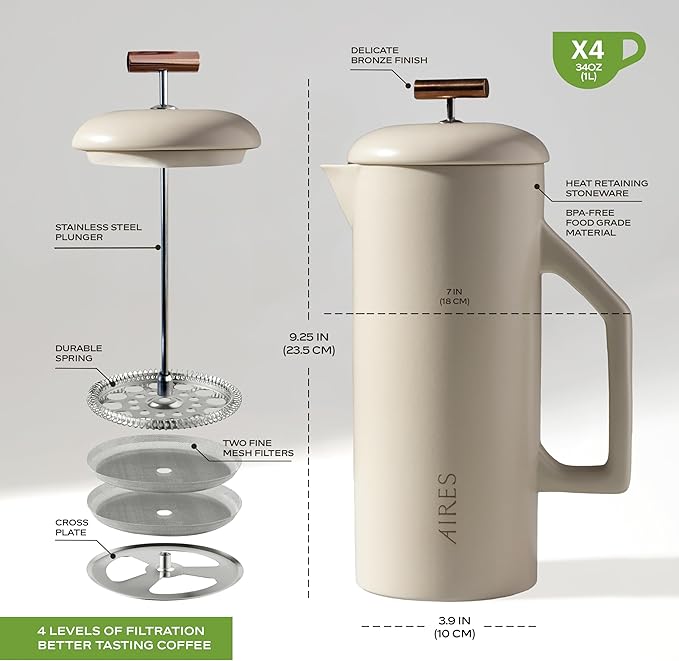 AIRES Ceramic French Press Coffee Maker – 34 oz Heat-Retaining Stoneware – Elegant Neutral Color – Inspired by Buenos Aires Coffee Culture – Gift-Ready with Barista Brewing Guide