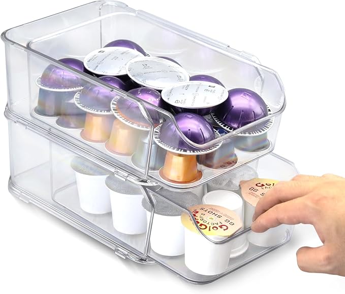 Clear Coffee Pod Holder for Counter, Transparent Coffee Pod Drawer for K Cups, Coffee Pod Storage Organizer Compatible with Nespresso Vertuo 38 Large or 52 Small Pods & Keurig Pods, 2 Tiers