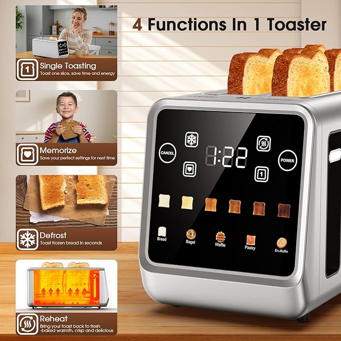 Digital 4 Slice Toaster with LED Touchscreen Long Slot Stainless Steel Toaster for Family, Wide Slots for Thick Bread & Bagels, 6 Shade Settings, Defrost, Reheat, Memory & Single-Slice Modes