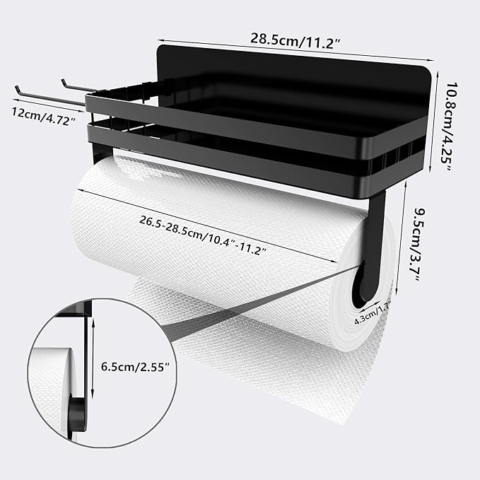 Paper Towel Holder Fridge Magnetic with Shelf - 2 Pack Paper Towel Holder Without Drilling + Magnet Spice Racks with 2 Kitchen Hanging Hooks Heavy Duty Space Saving, Black