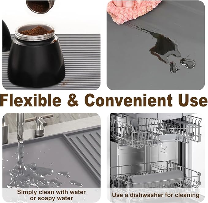 3-Pack Silicone Coffee Mat Set, 24" x 16" Coffee Bar Mat for Countertop with Separable Small Drying Mat and Espresso Tamping Mat, Fit Under Coffee Maker Espresso Machine, Gray