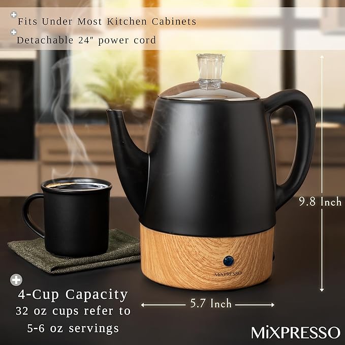 Mixpresso Black Small Electric Percolator Coffee Pot 4 Cup Stainless Steel - Coffee Percolator Electric with Keep Warm Function - Auto Shut-Off for Safe Daily Brewing