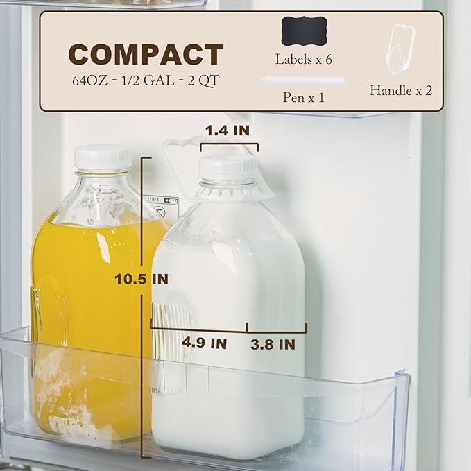 FyndraX Glass Milk Jugs Bottles - Half Gallon / 2Qt Container Pitcher with Airtight Screw Lids and Handle for Milk, Breastmilk, Juice, Iced Tea, Cold Water, 64 OZ Set of 2