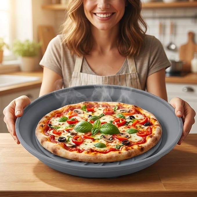 3 in 1 Microwave Splatter Glass Cover with Silicone Mat and Base Plate,BPA Free Collapsible Silicone Microwave Food Cover with Vent Hole and Anti-scald Silicone Handle,Dishwasher Safe (Large-Gray)
