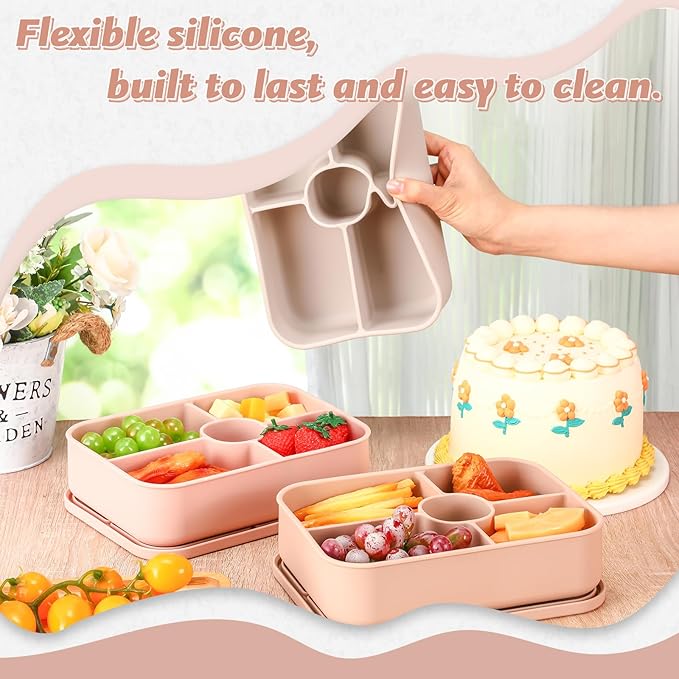 Jingmore 4 Pack Silicone Bento Boxes for Adults, 5 Compartment Reusable Lunch Containers with Sauce Section, Leakproof Meal Prep Snack Box Microwave & Dishwasher Safe for Office(Light Color)