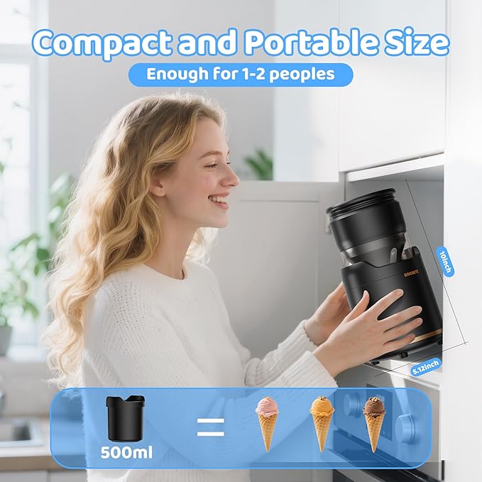 BRIOBITE Ice Cream Maker,Rechargeable Soft Ice Cream Machine with Low Noise,Compact for 1-2 Servings,Perfect for Sorbet,Gelato,Frozen Yogurt,Black