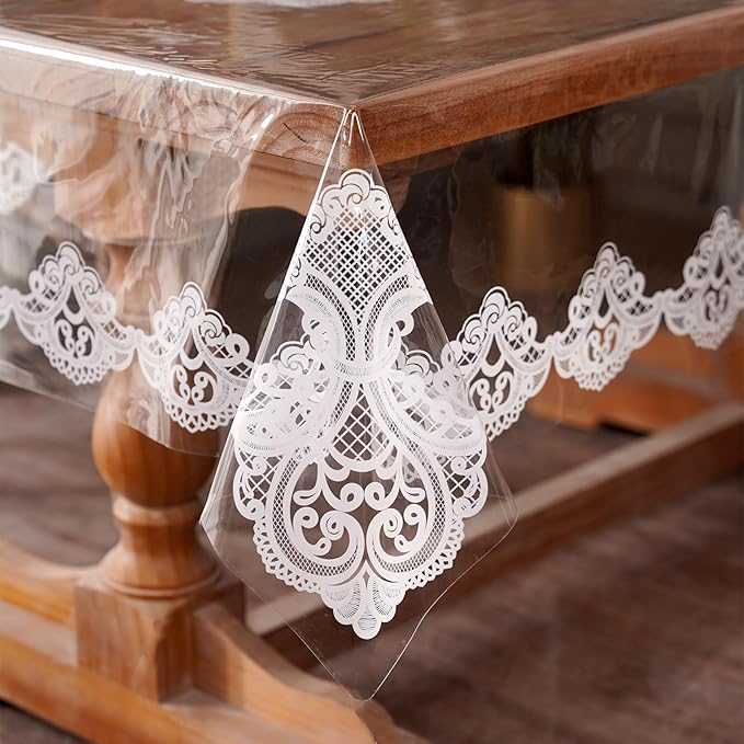 Clear Table Cover Protector Vinyl Table Cloth Rectangle Oil Spill Proof Vintage Rustic Plastic Table Covers for Dining Tables (White Lace, 60 x 84 Inches)