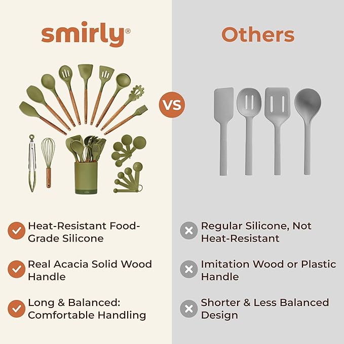 Silicone Kitchen Utensils Set & Holder: Cooking Utensils Set - Kitchen Essentials for New Home & 1st Apartment- Silicone Spatula Set, Cooking Spoons for Nonstick Cookware (Acacia Wood, Green)