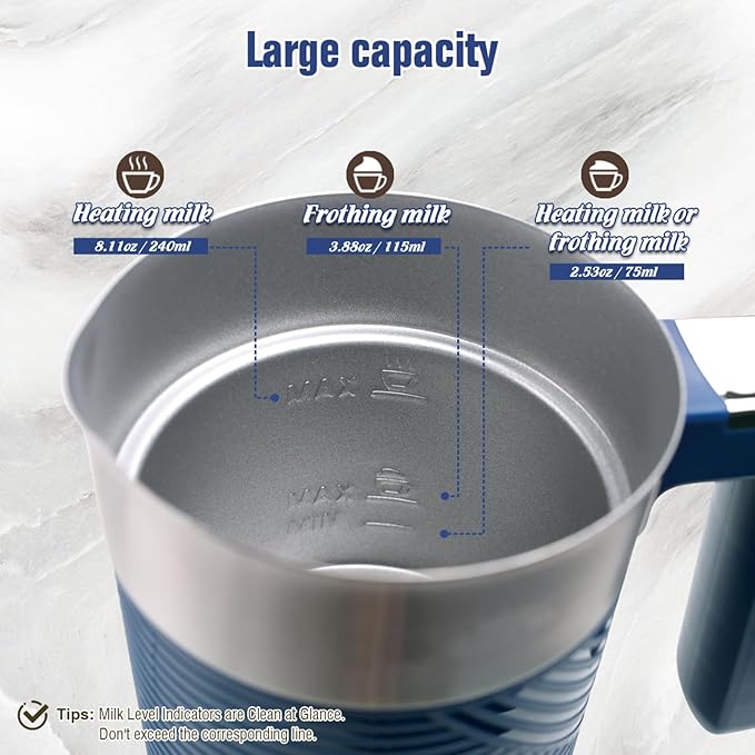 Electric Milk Frother and Steamer, 4-in-1 Milk Steamer with Wood Elements Design, Automatic Hot & Cold Foam Maker for Latte, Cappuccinos, Macchiato, Milk Warmer (blue)